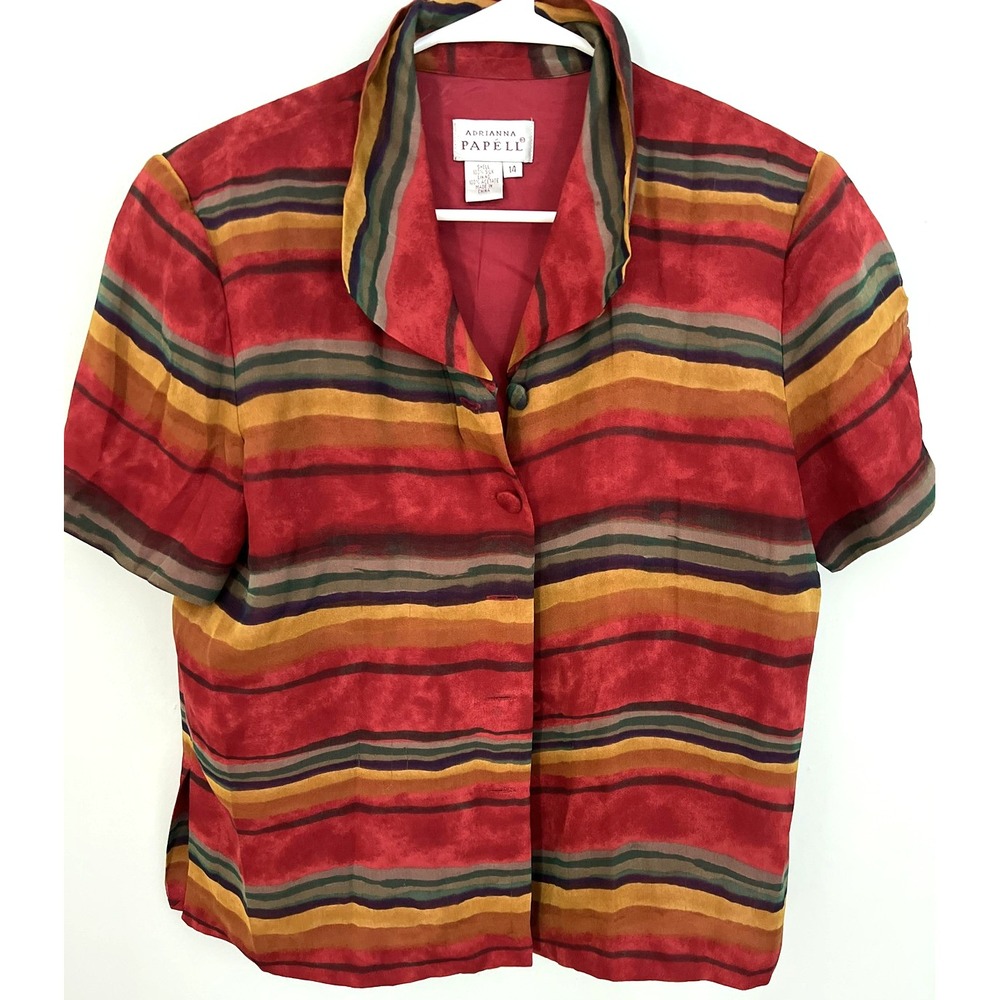 Vintage Adrianna Papell Silk Shirt Womens 14 Striped Short Sleeve Button Up 90s